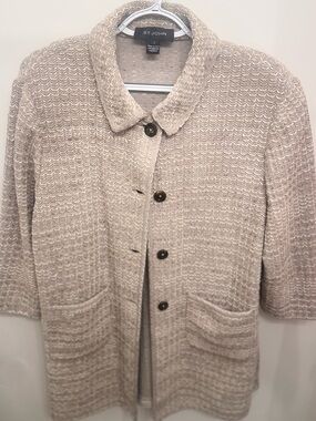 St. John Neutral Beige Textured Knit Button-Up Jacket